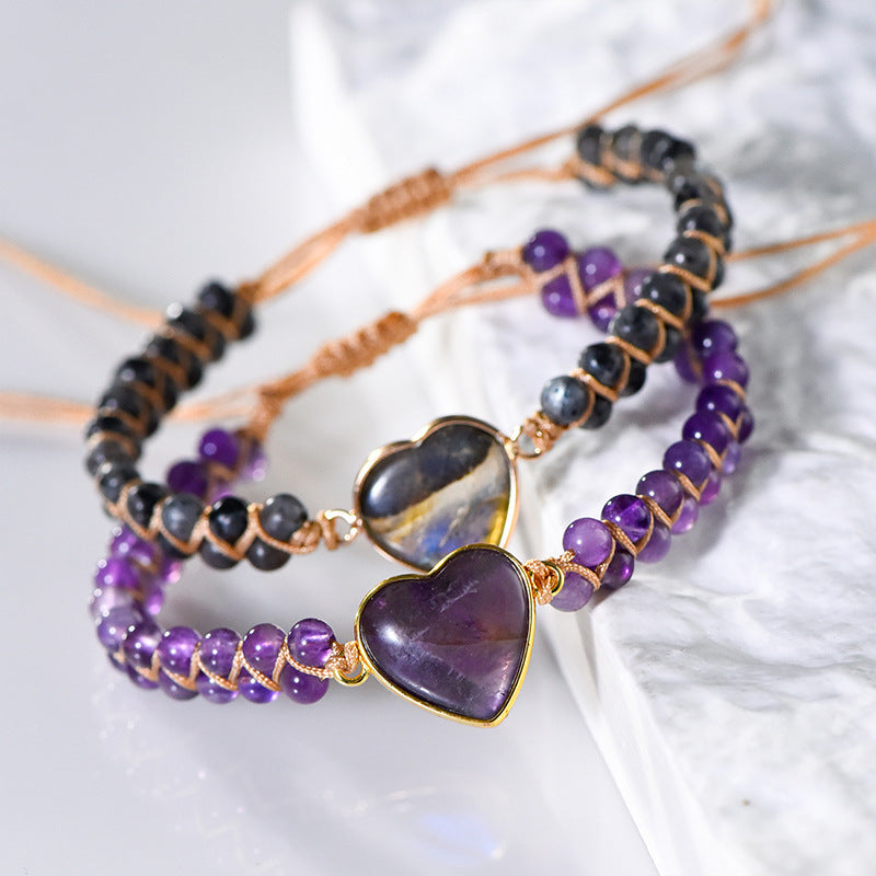 New hand-woven heart labradorite bracelet wrapped with amethyst